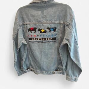 Vintage Light Washed Jean Jacket w/ Houston Cow Parade Embellishment Sz Small